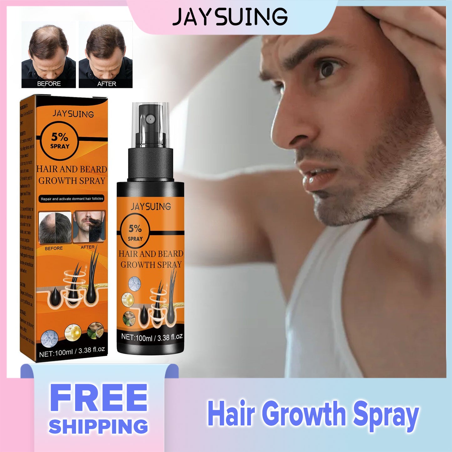 Jaysuing Hair Growth Spray Men's Hair Beard Dense Growth Care Solution Tough Hair Quality Prevents Loss(100ml)
