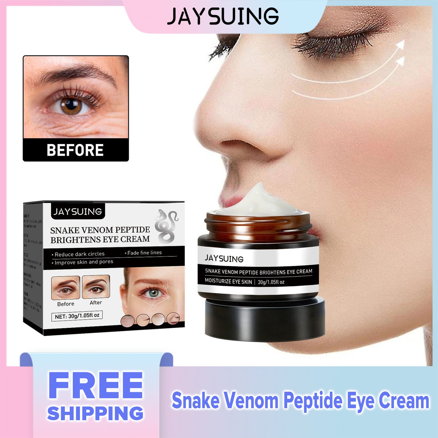 Jaysuing Snake Venom Peptide Eye Cream Removal Dark Circles Eye Bags Puffiness Anti Wrinkles Firming Smooth Moisturize Eye Cream(30g)