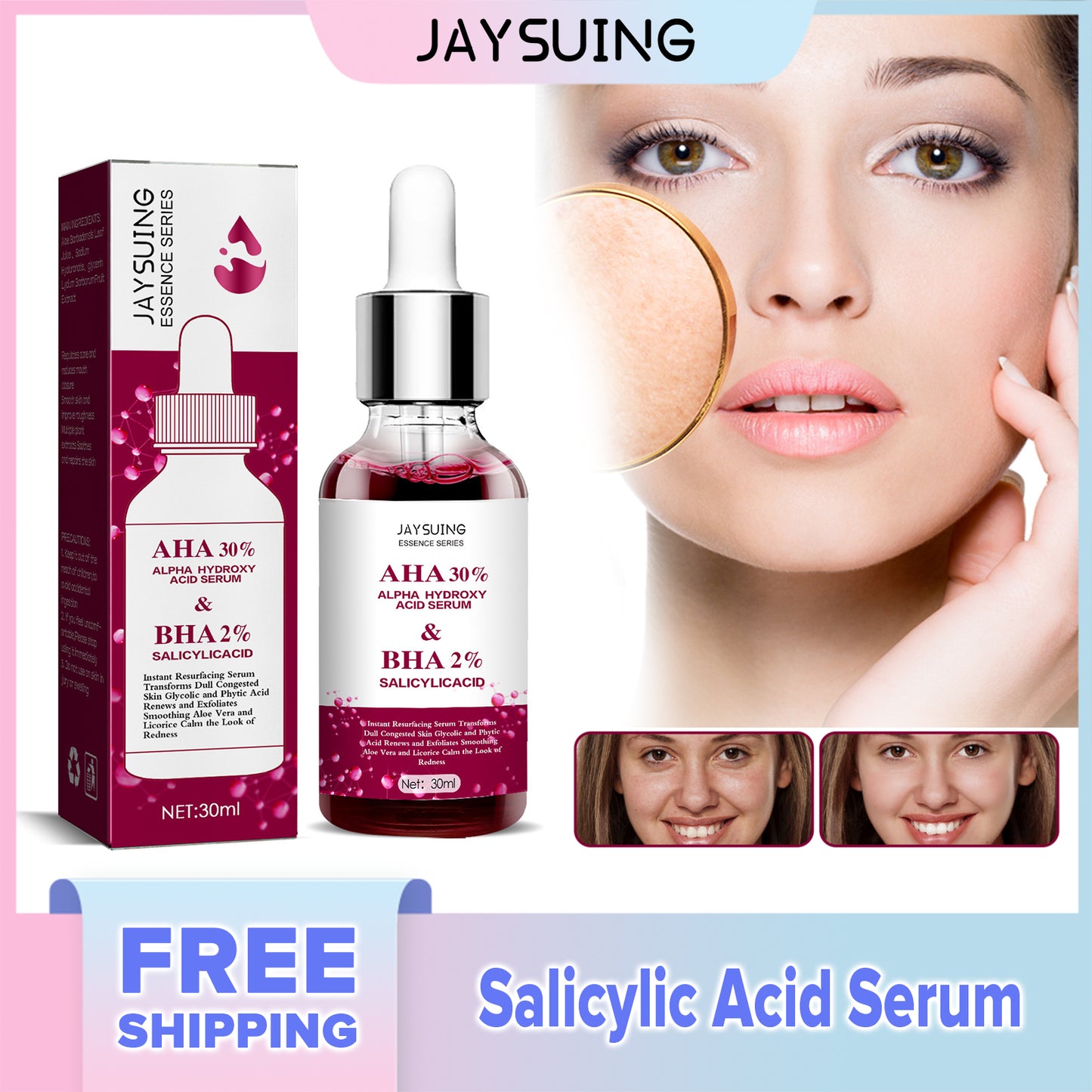 Jaysuing Salicylic Acid Serum Anti Acne Shrink Pores Exfoliat Moisturizing Nourish Anti-wrinkle Whitening Brighten Essence(30ml)