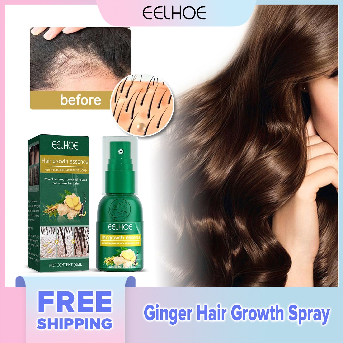 EELHOE Ginger Hair Growth Spray Scalp Massage Moisturizing Dense Care Hair Care Nutrition spray (30ml)