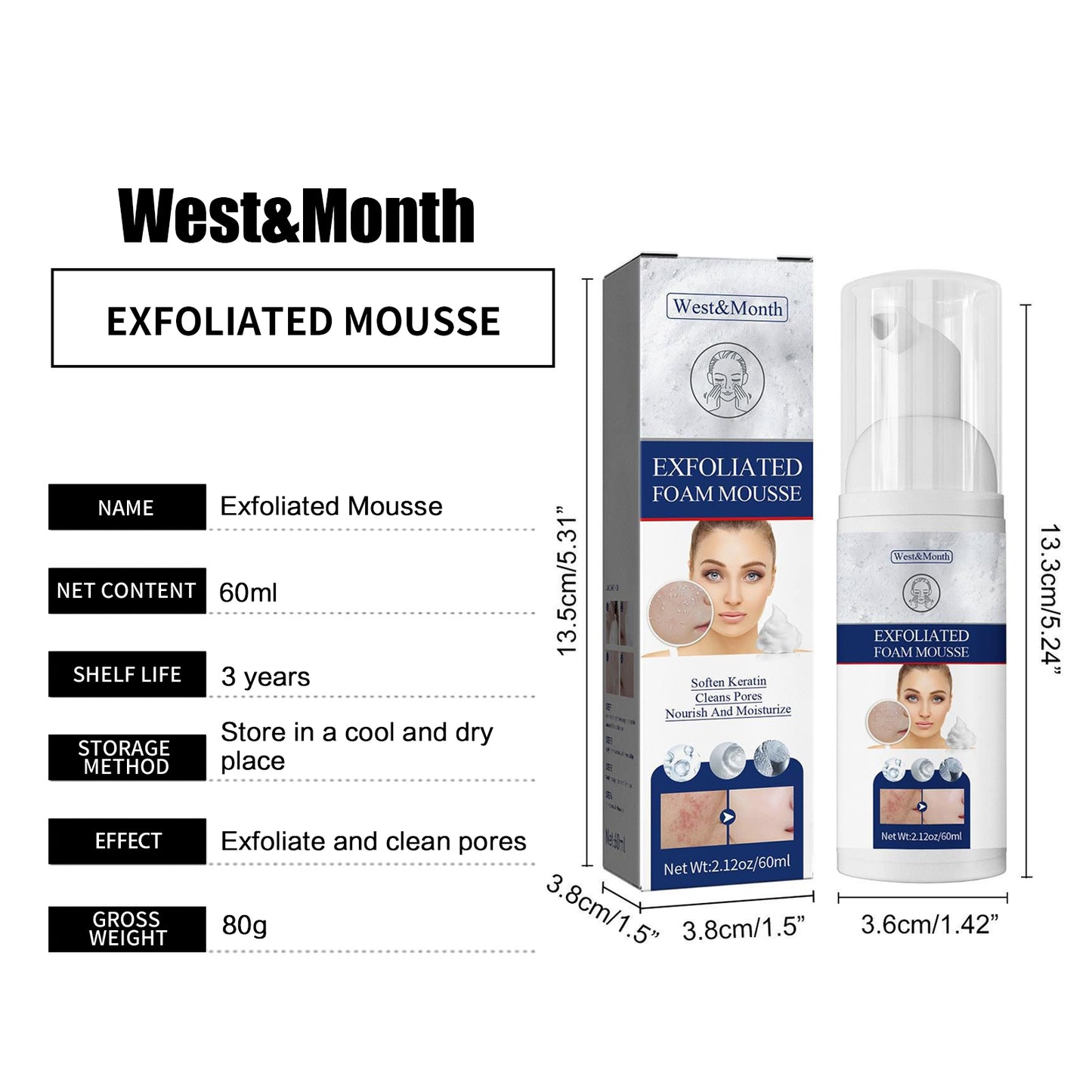 West&Month Facial Exfoliating Foam Mousse Remove Blackheads Moisturizing Dead Skin Gently Clean Pores Oil Control Peeling Smooth Skin Care(60ml)