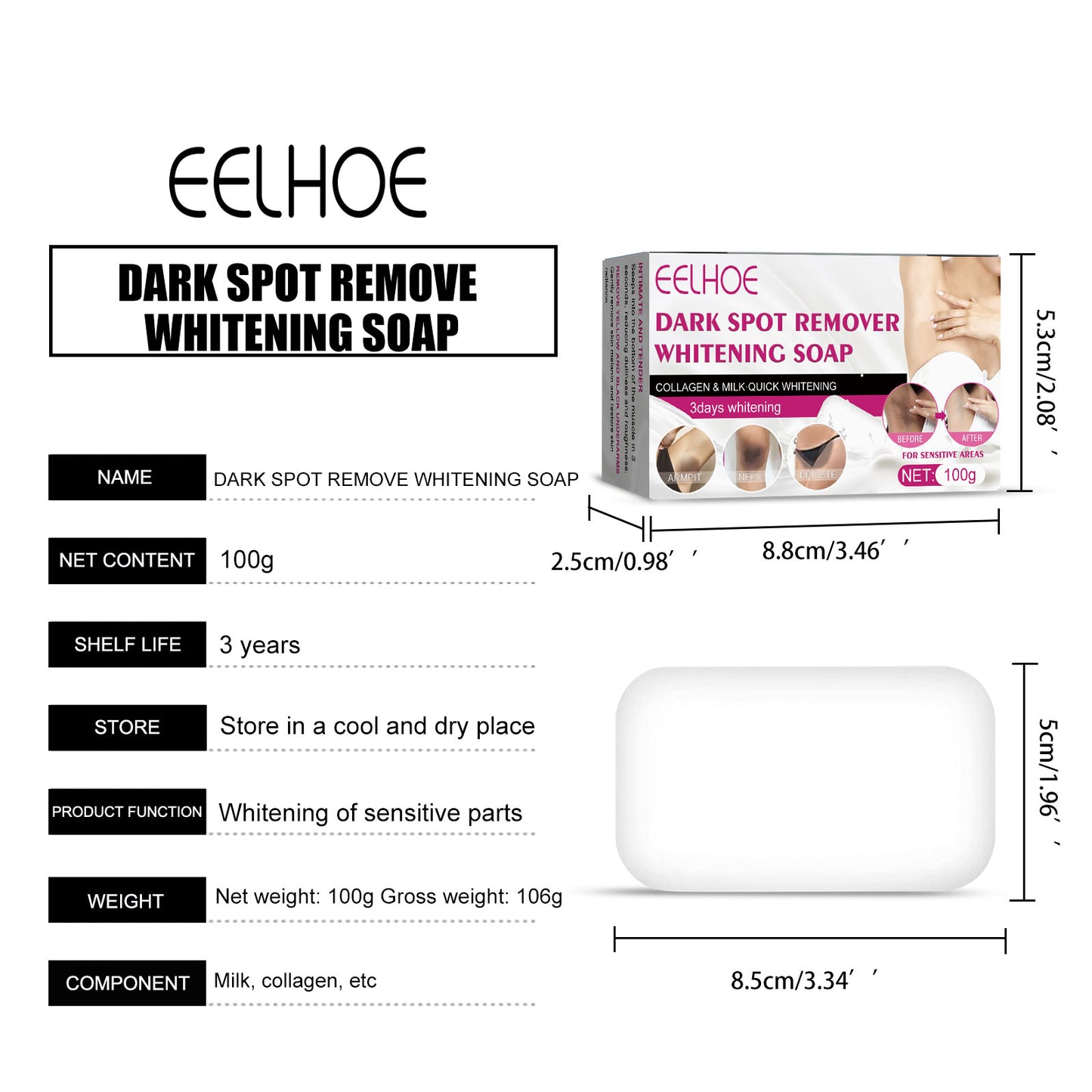 EELHOE Dark Spot Remover Whitening Soap Handmade Soap Brightens and Moisturizes Body Skin Private Part Care Women Soap(100g)