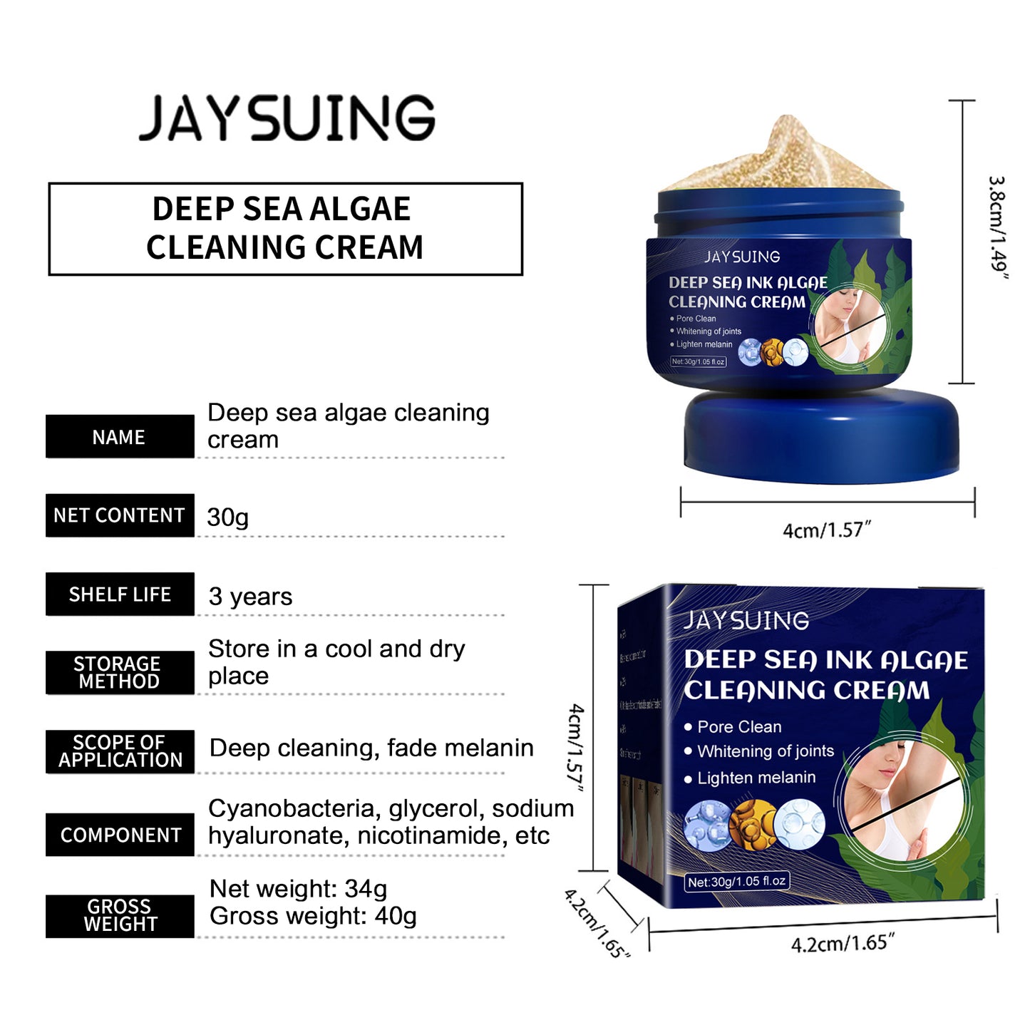 Jaysuing Body Whitening Scrub Deep Sea Algae Gel Cleansing Cream Private Parts Underarm Bleaching Butt Knee Intimate Dark Remove Melanin(30g)