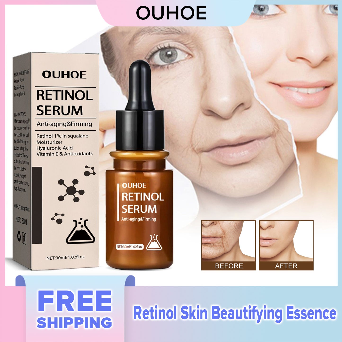 OUHOE Retinol Skin Beautifying Essence Attenuate Dry Lines, Fine Lines, Prevent Dullness, Moisturize, Tender Skin And Resist Wrinkles Essence(30ml)