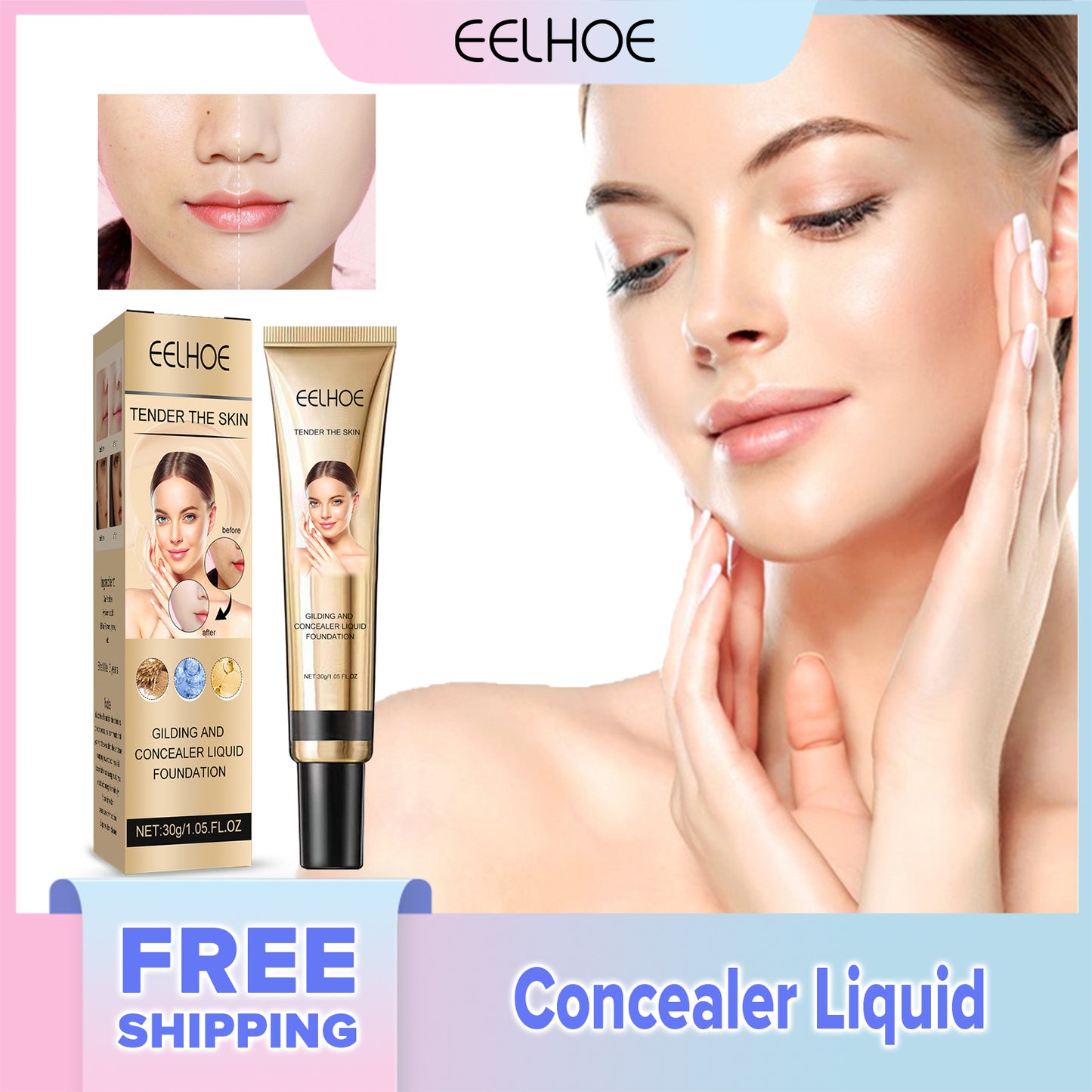 EELHOE Concealer Liquid Foundation Oil Control Brightening Waterproof, Sweat-proof, Natural Makeup