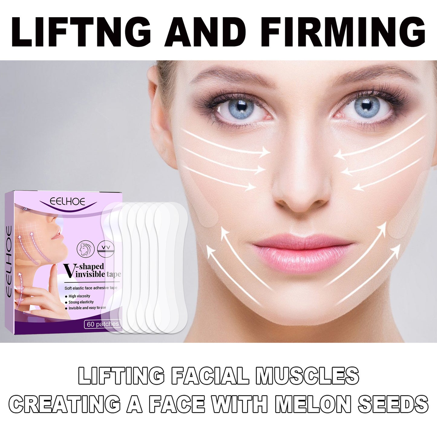 EELHOE V Face Melon Seed Face Invisible Lifting Sticker Lifts and Tightens The Face and Double Chin(60PCS)