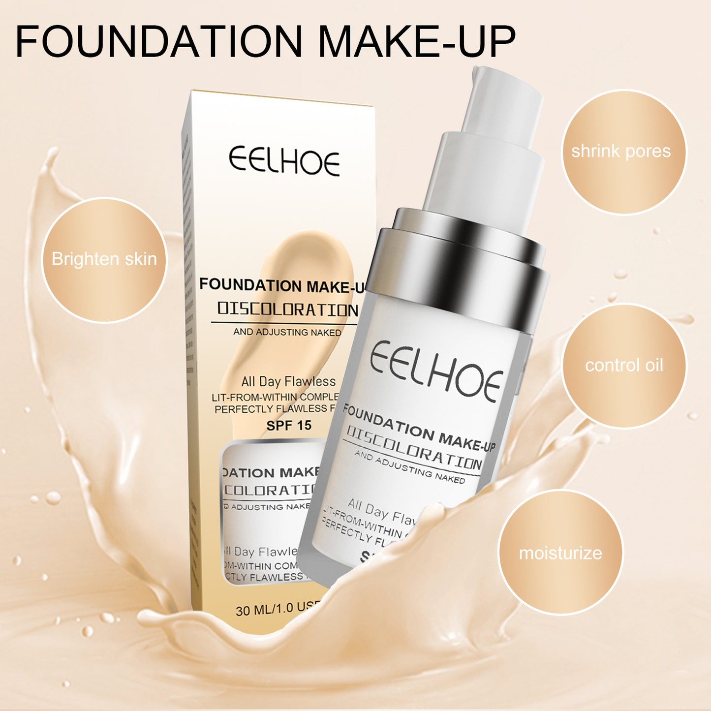 EELHOE 30ml Liquid Foundation For Facial Makeup Waterproof Concealer Brighten Skin