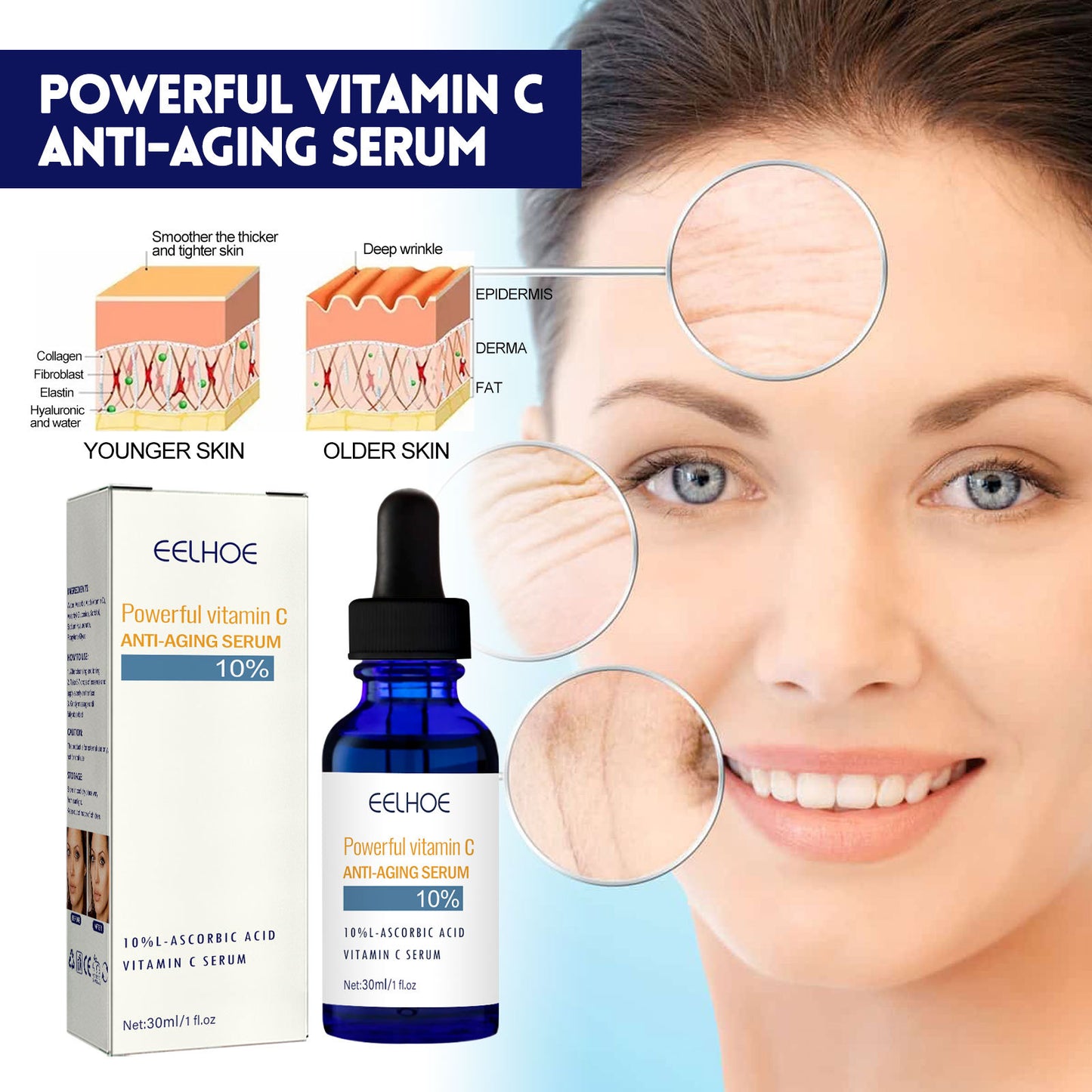 EELHOE Anti Aging Vitamin C Serum for Face Skin Purifying Essence Lifting Line Improve Roughness Antioxidant Wrinkle Removal Serum