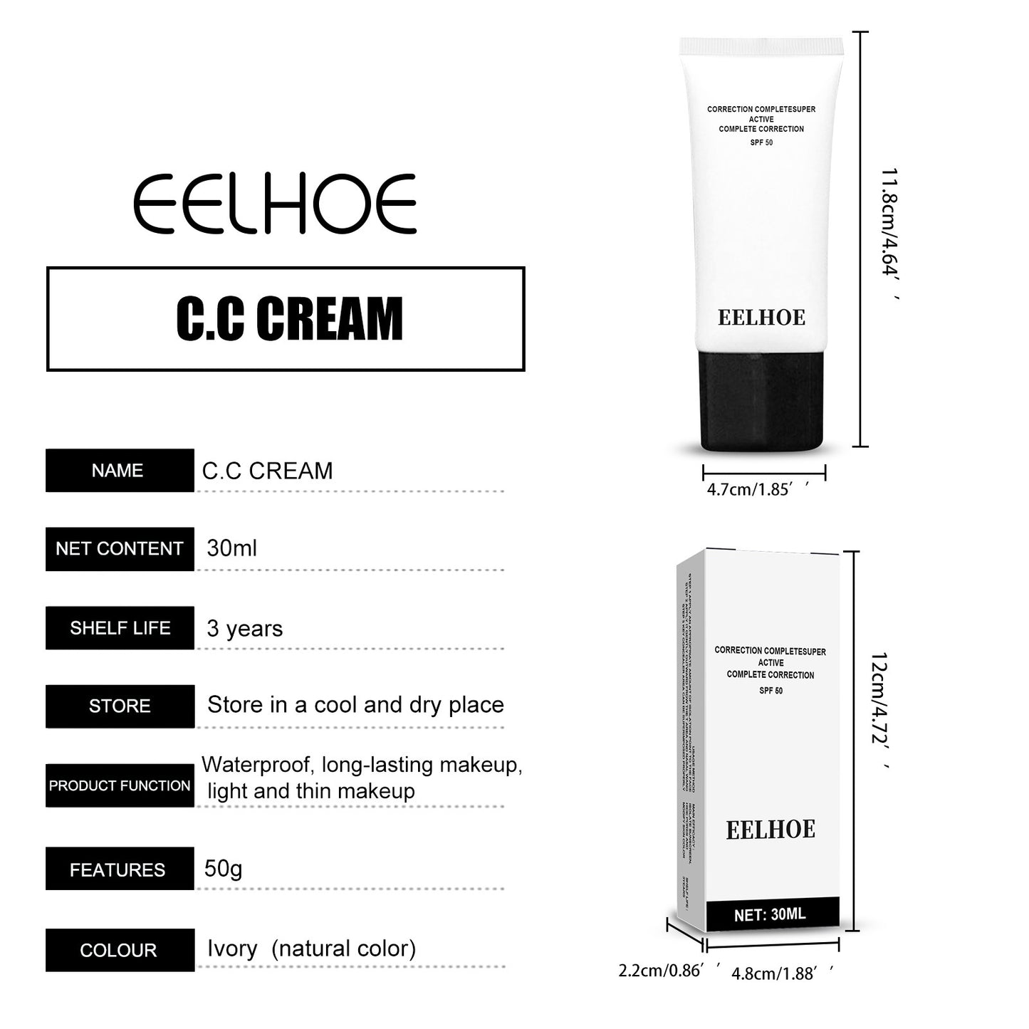 EELHOE CC Cream SPF50 for Face Makeup,All-In-One Face Sunscreen and Foundation(30ml)